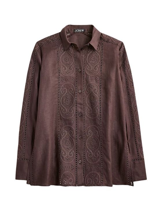 J. Crew Tops - J. Crew Garcon Shirt in Eyelet Linen Long-Sleeve Top Side Slits Chocolate